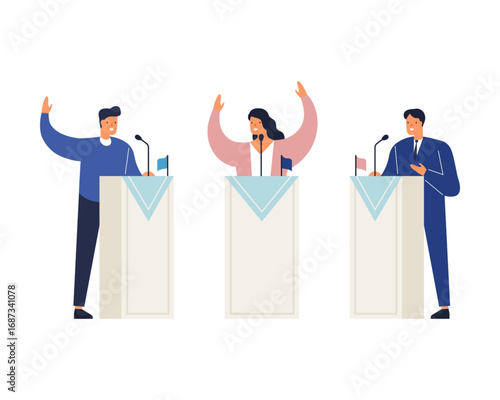 Vector illustration of political candidates or business speakers engaging in a public debate or conference presentation