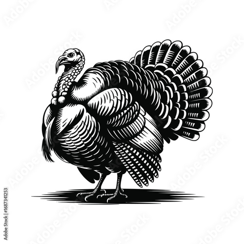 Detailed Turkey Silhouette Illustration in Black and White Vector Graphic Art
