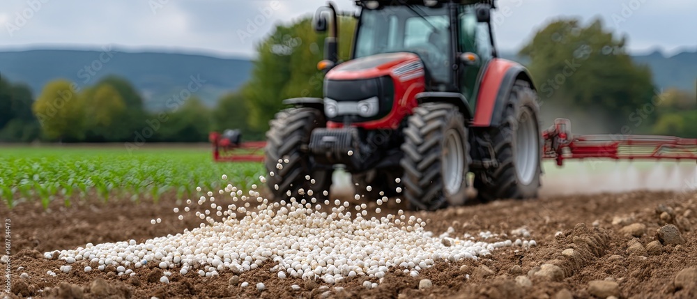 Obraz premium A tractor is busy scattering small gravel stones along a freshly prepared dirt road lined with greenery beneath an overcast sky