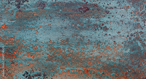 Abstract textured background with weathered patina resembling aged copper or verdigris metal with subtle hints of rust and blue green hues