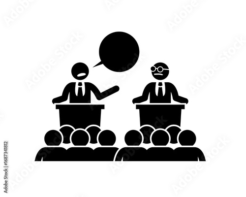 A pictogram illustrating a formal debate between two speakers at a conference podium, addressing a large audience