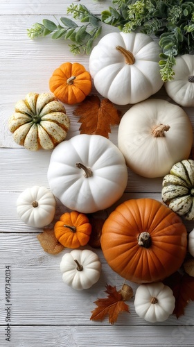 Wallpaper Mural Colorful pumpkins in orange, white, and brown with autumn leaves, arranged in a basket for seasonal decor Torontodigital.ca