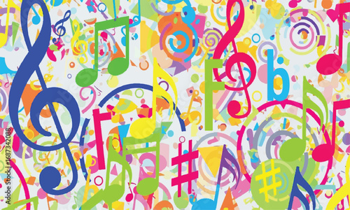 Colorful musical notes abstract pattern background, design element illustration