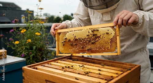 Beekeeper Inspecting Honeycomb Frame Covered with Bees in Urban Hive