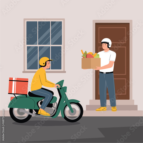 Delivery man on scooter delivering food box to customer at the door