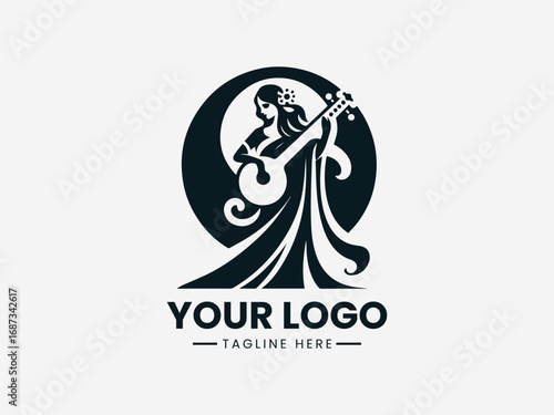 Traditional goddess silhouette vector logo holding musical instrument with ornamental cultural design