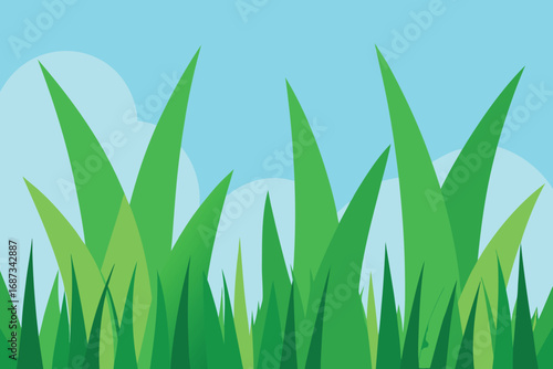 Vector art of vibrant green grass against a serene blue sky, a refreshing illustration of natures beauty, ideal for backgrounds, wallpapers, and designs evoking peace and freshness