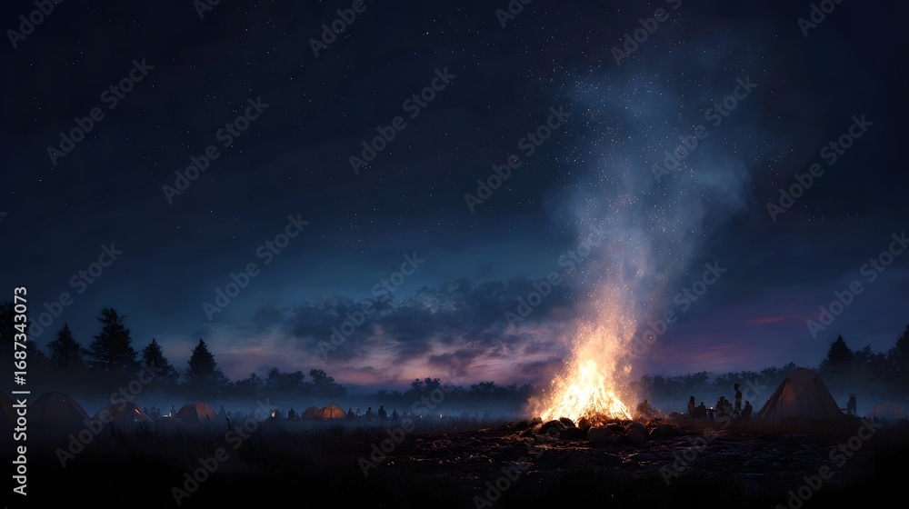 Obraz premium Nighttime campsite scene with a large bonfire tents and people gathered under a starry sky