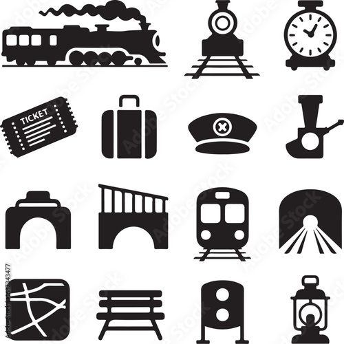 Train Transportation Icons and Symbols Collection Keywords: train, locomotive, steam engine