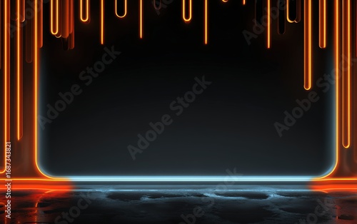 A black background with orange and blue lines