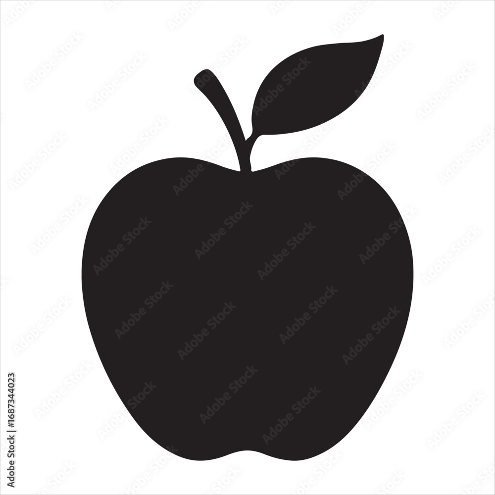 Fototapeta premium Simple black silhouette of a fresh apple with a stem and leaf on a white background