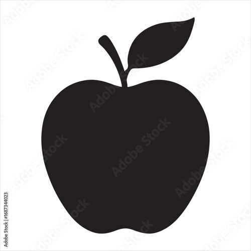 Simple black silhouette of a fresh apple with a stem and leaf on a white background