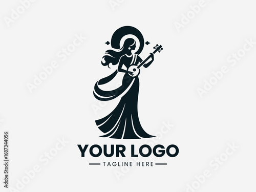 Traditional goddess silhouette vector logo holding musical instrument with ornamental cultural design