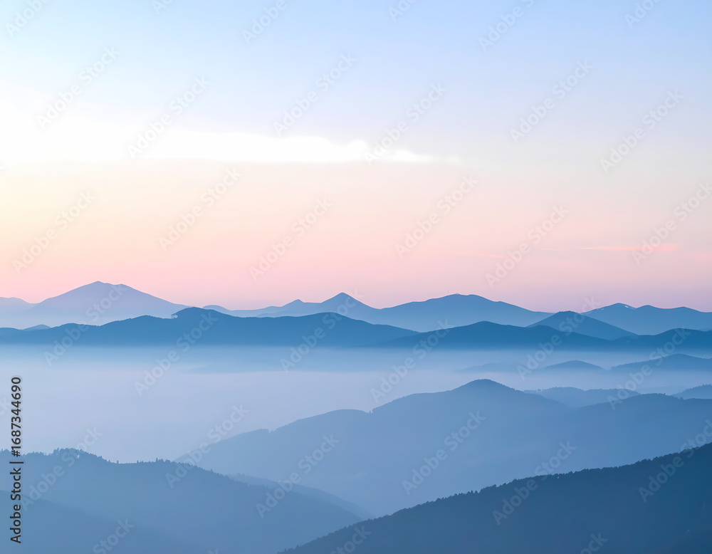 Obraz premium Serene mountain landscape at sunrise with blue hazy fog in valley. calm morning light creates peaceful and beautiful view over layered mountain range. tranquil scene