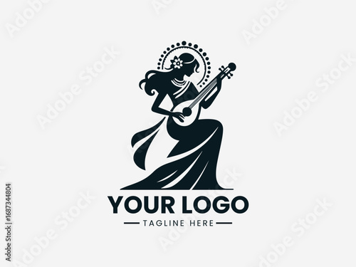 Traditional goddess silhouette vector logo holding musical instrument with ornamental cultural design