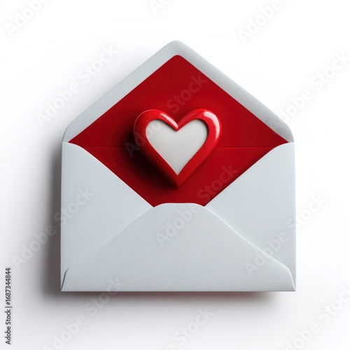 A red heart is inside a white envelope