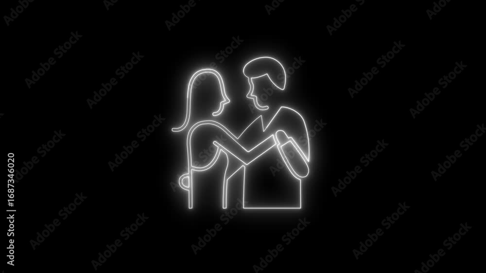 A couple dancing together in the dark with a glowing blue neon outline representing their figures and connection A couple dancing together in the dark with a glowing blue neon outline representing their figures and connection