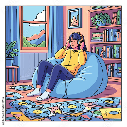 Cozy room illustration of a young woman relaxing in a beanbag chair listening to music from vinyl records.