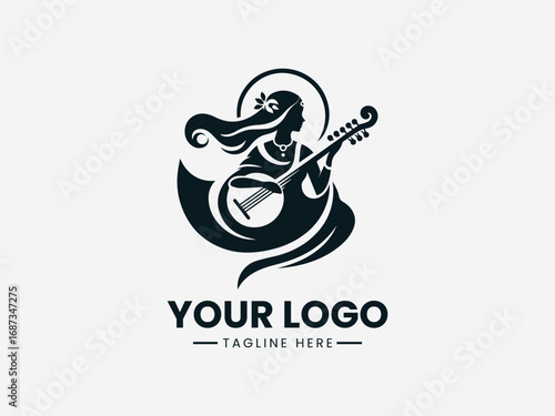 Traditional goddess silhouette vector logo holding musical instrument with ornamental cultural design