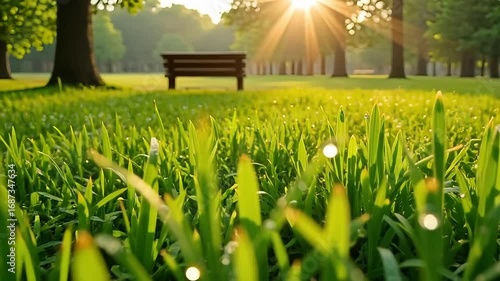 Tranquil park bench bathed in golden morning sunlight, with dew-kissed grass in the foreground.