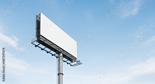 Large blank billboard on a tall pole with blue sky and light clouds background, minimal and photorealistic design concept, perfect for advertising, marketing, and outdoor commercial promotion.