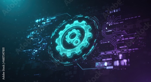 Glowing gears are centrally located within a circular hud interface, appea futuristic and technological against a dark background with digital elements.