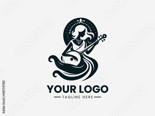 Traditional goddess silhouette vector logo holding musical instrument with ornamental cultural design