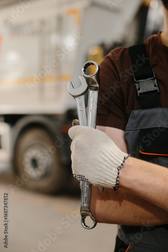 Skilled auto mechanic holding large wrenches