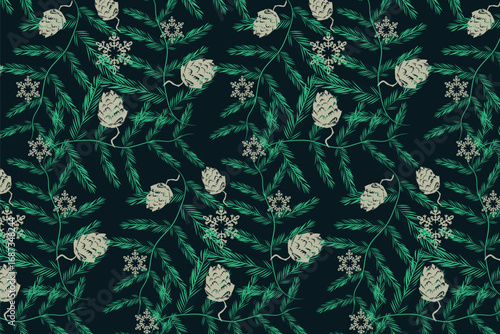 Deep jewel ribbons and antique bronze pinecones,for Christmas cards, textiles, and digital backgrounds. holiday wrapping paper and fabric design