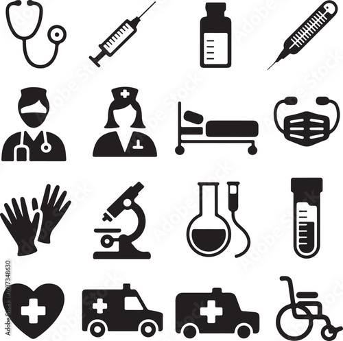 Medical And Healthcare Icons Silhouette Collection With Equipment Keywords: medical, healthcare