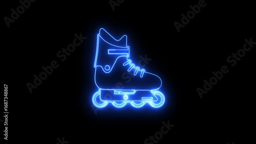 Glowing blue neon outline of a roller skate with four wheels on a black background representing speed and urban sport