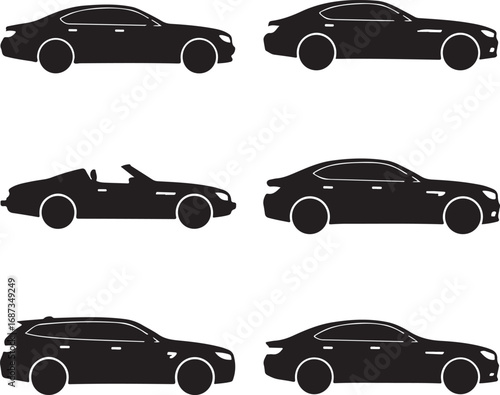Black car silhouettes various models automobile vehicle