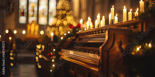Warmly Lit Church Interior with Piano Adorned with Christmas Lights and Candles