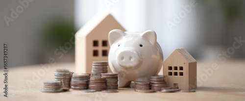 The piggy bank surrounded by coins and wooden houses representing savings and investment.