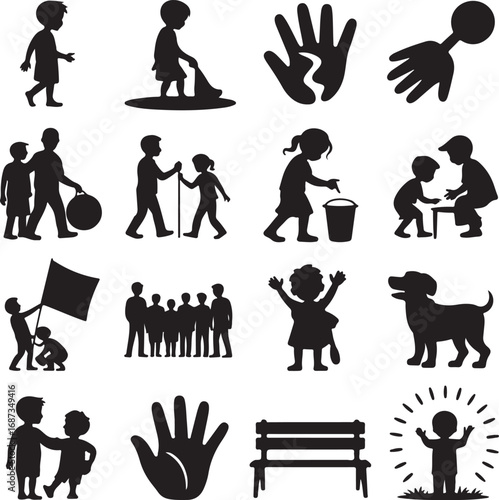 Black Silhouette Icons of Children Playing and Interacting with Objects Keywords: children, kids