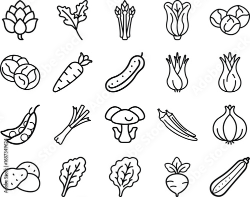 Monochrome Outline Illustration of Various Vegetables for Culinary and Healthy Eating Themes with Artichoke Asparagus and Carrot