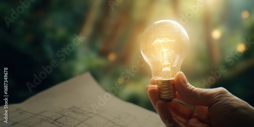 Fototapeta Naklejka Na Ścianę i Meble -  The glowing light bulb illuminating creative ideas amidst nature's tranquility.