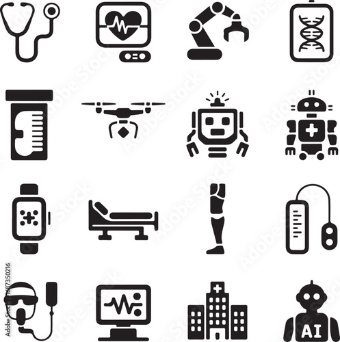 Medical and technology icons silhouette collection Keywords: medical, technology, icons