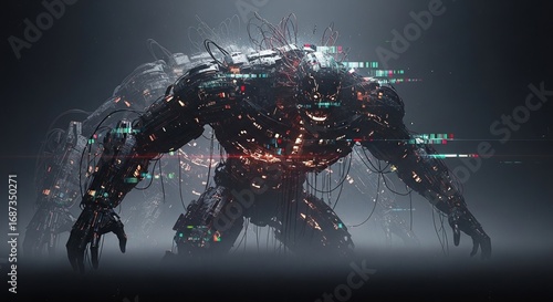 Futuristic cybernetic creature in a cinematic style with technology and wires incorporated into its form. The image showcases the intersection of technology and the human form.