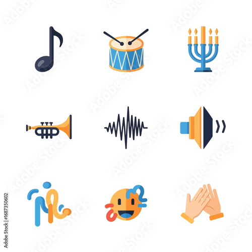Collection of musical instruments, sound waves, and festive icons including a trumpet, drum, and menorah
