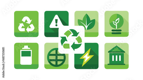 Multiple green recycling symbols displayed, emphasizing the importance of recycling and eco-friendly practices..eps