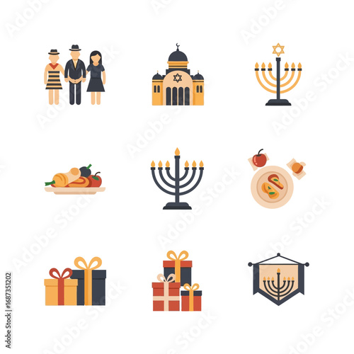 Flat design icon collection representing Jewish Hanukkah traditions and celebration symbols like menorah, synagogue, and gifts
