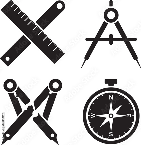 Black drafting tools and compass ruler measurement