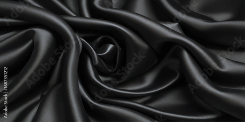 Close-up of Draped Black Satin Fabric. A close-up view of luxurious black satin fabric with dramatic folds and drapes.