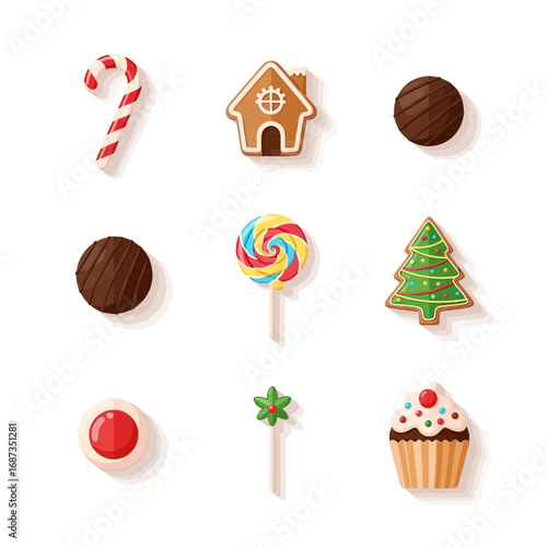 A festive collection of illustrated Christmas sweets and holiday treats, including candy, cookies, and cupcakes