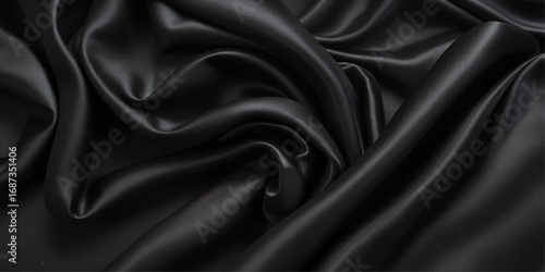 Close-up of Draped Black Satin Fabric. A close-up view of luxurious black satin fabric with dramatic folds and drapes.

