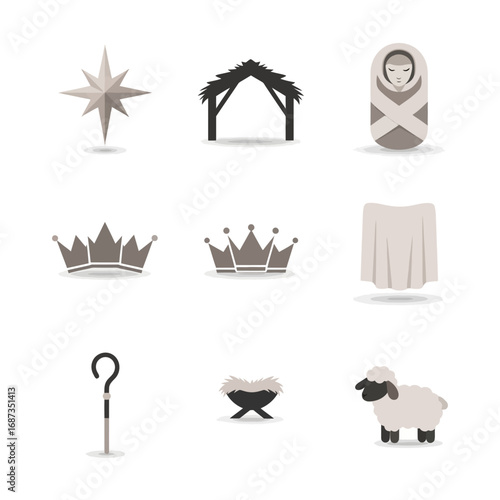 Collection of flat design icons illustrating the Christian Nativity story for the Christmas holiday season