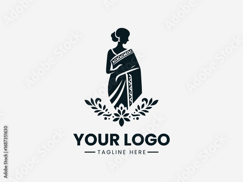 Elegant saree woman vector logo design with floral ornaments and traditional ethnic style