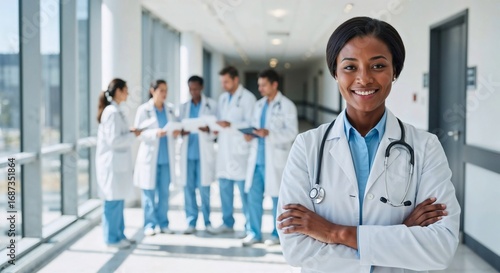 Confident Black female doctor with a stethoscope, smiling in a modern hospital corridor with her diverse medical team in the background.