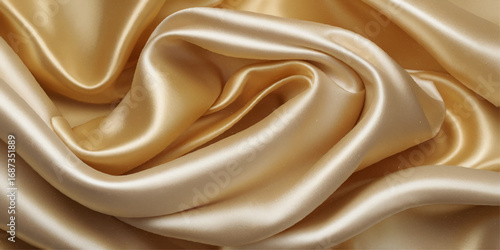 Luxurious Gold Satin Fabric Drape. A close-up view of flowing gold satin fabric.	